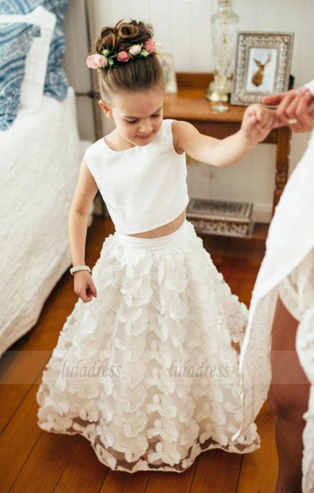 Two Piece Round Neck White Lace Flower Girl Dress