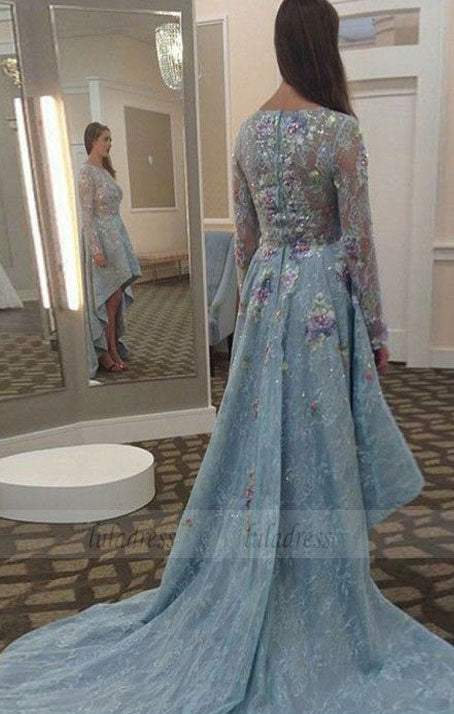 A-Line Round Neck Long Sleeves High Low Prom Dress with Appliques