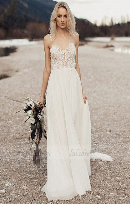 Open Back Wedding Dresses,Boho Bridal Dress,Beach Wedding Dress,Long Wedding Dress