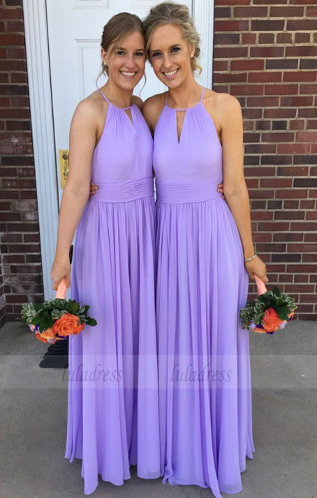 A-Line Round Neck Keyhole Lavender Chiffon Bridesmaid Dresses