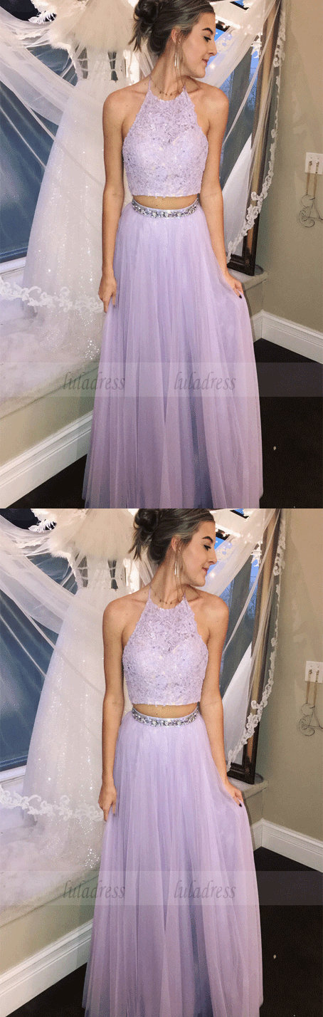 Two Piece Prom Dresses,Halter Prom Gown,Lace Prom Dress