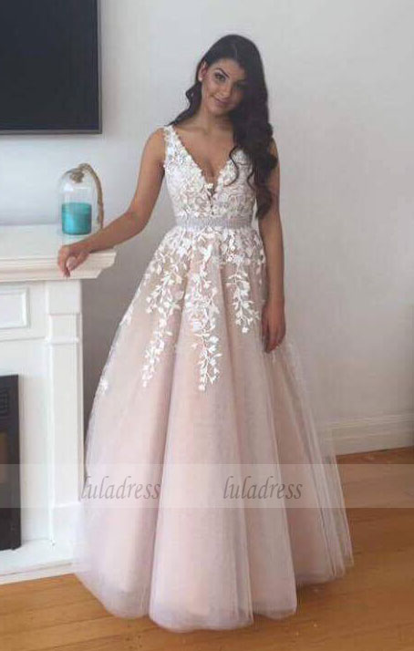 Floor Length V Neck Prom Dress with Lace