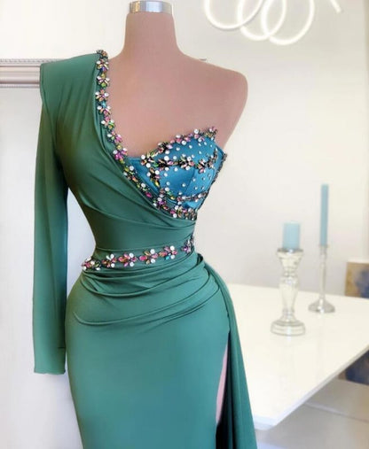 Affordable Green Satin Slit Long Prom Dress On Sale