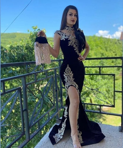 Sexy Split Black Lace Prom Evening Dress Velvet