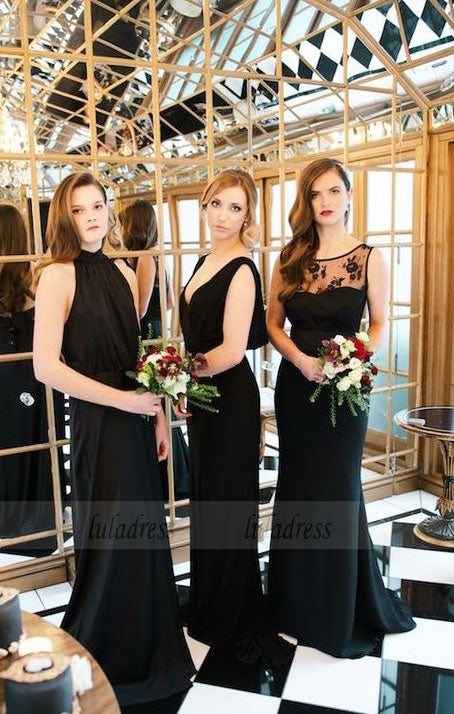 Long Bridesmaid Dresses Chiffon, High Neck Black Bridesmaid Dresses, Open Back Mismatched Bridesmaid Dresses,BD98120