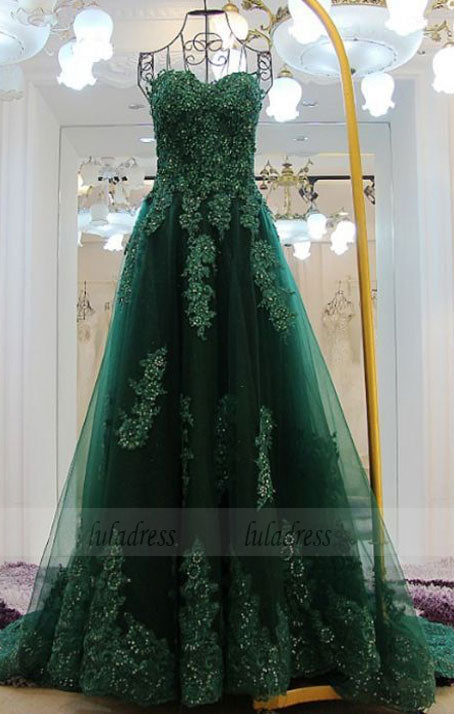 Green Floor length Prom Dresses, Floor-length Long Prom Dresses, Sweetheart Lace Beading Long Green A-line Modest Prom Dresses