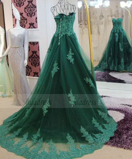 Green Floor length Prom Dresses, Floor-length Long Prom Dresses, Sweetheart Lace Beading Long Green A-line Modest Prom Dresses