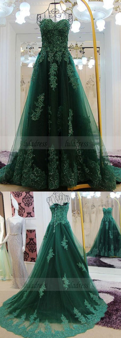 Green Floor length Prom Dresses, Floor-length Long Prom Dresses, Sweetheart Lace Beading Long Green A-line Modest Prom Dresses