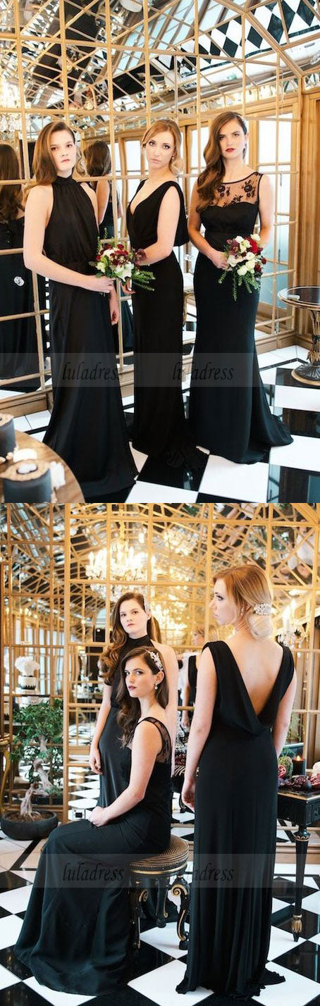 Long Bridesmaid Dresses Chiffon, High Neck Black Bridesmaid Dresses, Open Back Mismatched Bridesmaid Dresses,BD98120