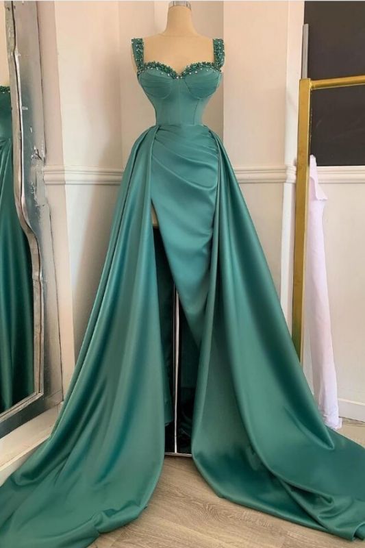 Affordable Green Satin Slit Long Prom Dresses