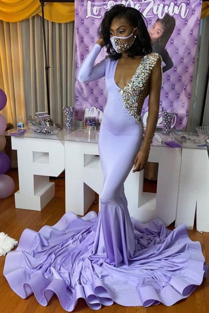 Elegant Light Purple Crystal Mermaid Evening Gowns Long