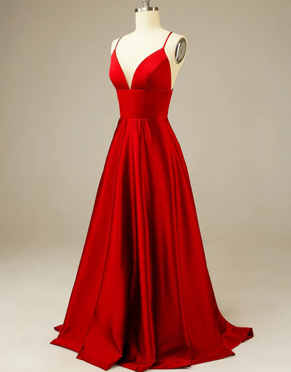 Simple A Line Long Satin Red Prom Dresses