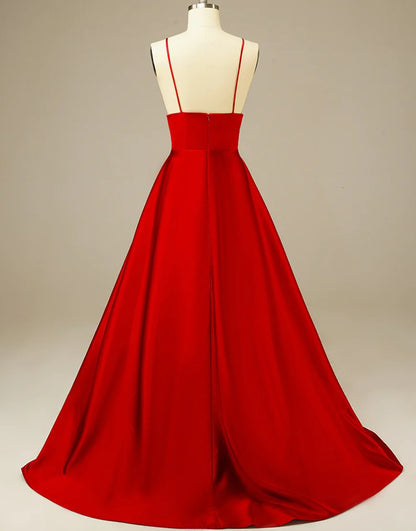 Simple A Line Long Satin Red Prom Dresses