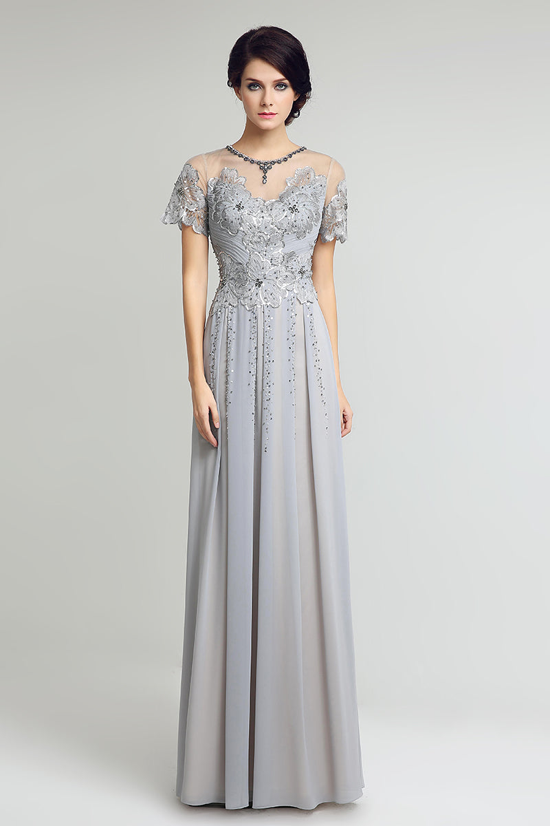 Light Grey Chiffon Long Prom Dress Modest Short Sleeves Evening Dress