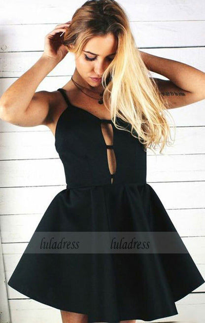 A-Line Spaghetti Straps Short Black Satin Homecoming Dress,BD99577