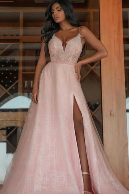 Sexy Spaghetti Straps V-Neck Prom Dresses with Slit Online