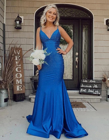 Long Mermaid Glitter Royal Blue Backless Prom Dresses