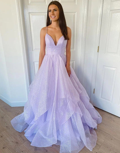 Spaghetti Straps Ruffles A-Line Tulle Long Prom Dresses