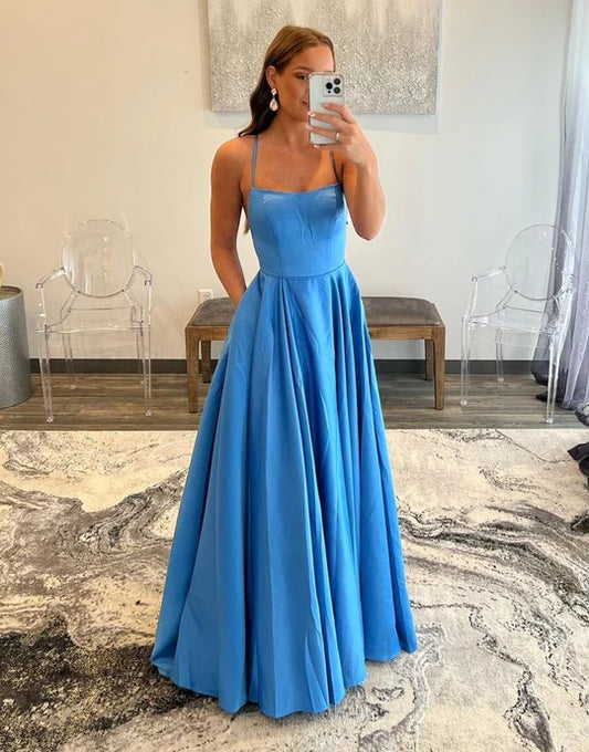 Simple Blue Spaghetti Straps Backless A-Line Prom Dresses