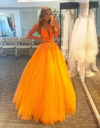 A-Line Deep V-neck Tulle Orange Prom Dresses