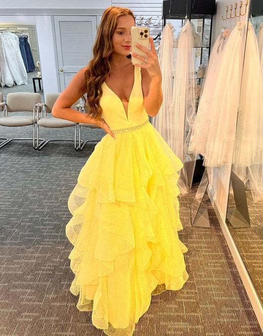 A-Line Tiered Ruffles Light Yellow Tulle Prom Dresses