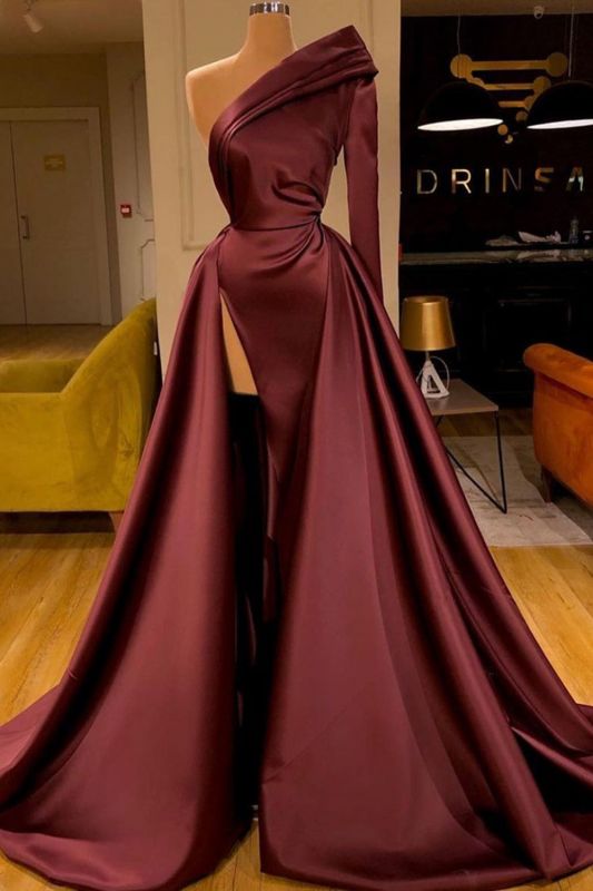 Gorgeous One Shoulder Burgundy Red Ruffles Prom Dresses Long