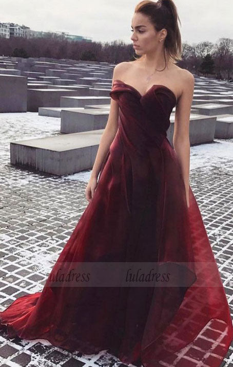 A-Line Sweetheart Sweep Train Burgundy Tulle Prom Dress with Ruffles