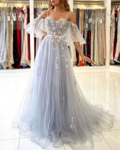 Vintage Long Tulle Evening Prom Dress Online With Appliques