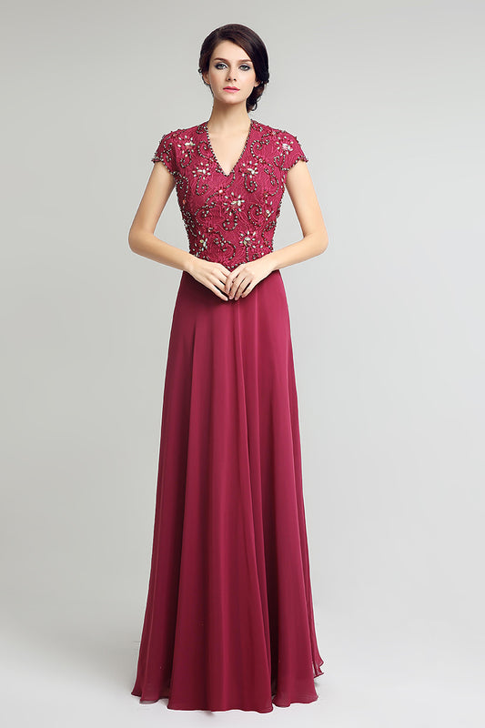 Modest Cap Sleeves Chiffon V-neck Long Simple Beaded Prom Dress