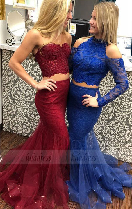 Two Piece Mermaid Sweetheart Sweep Train Burgundy Prom Dress with Lace Beading