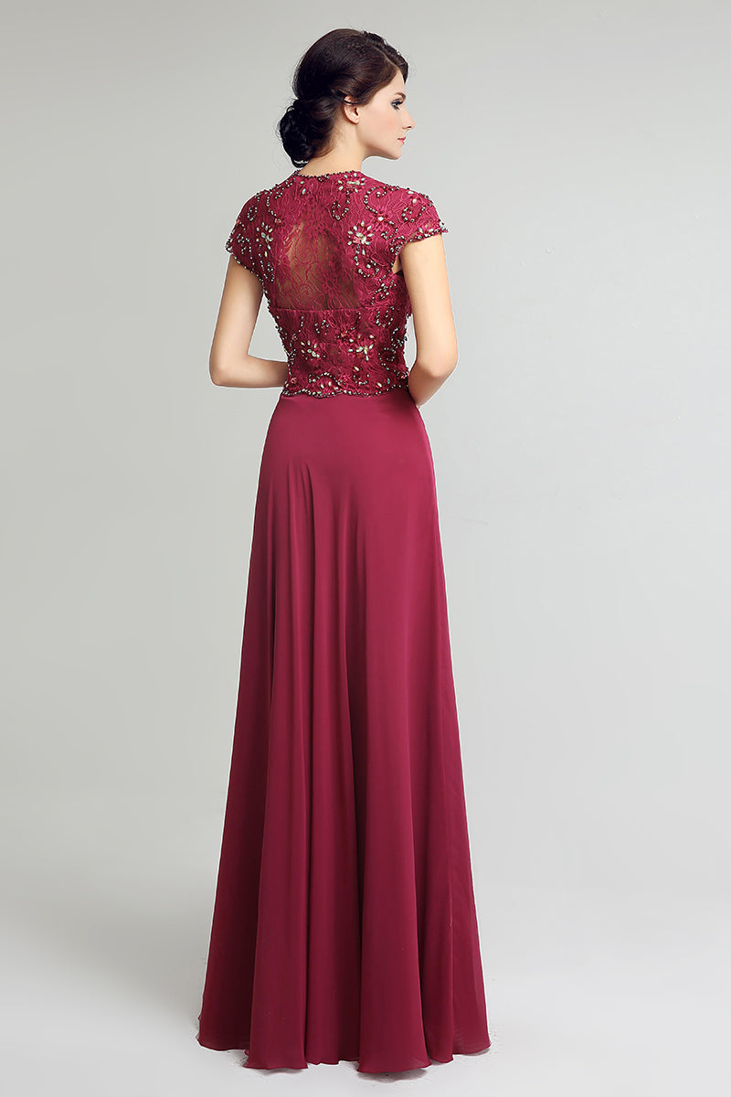 Modest Cap Sleeves Chiffon V-neck Long Simple Beaded Prom Dress