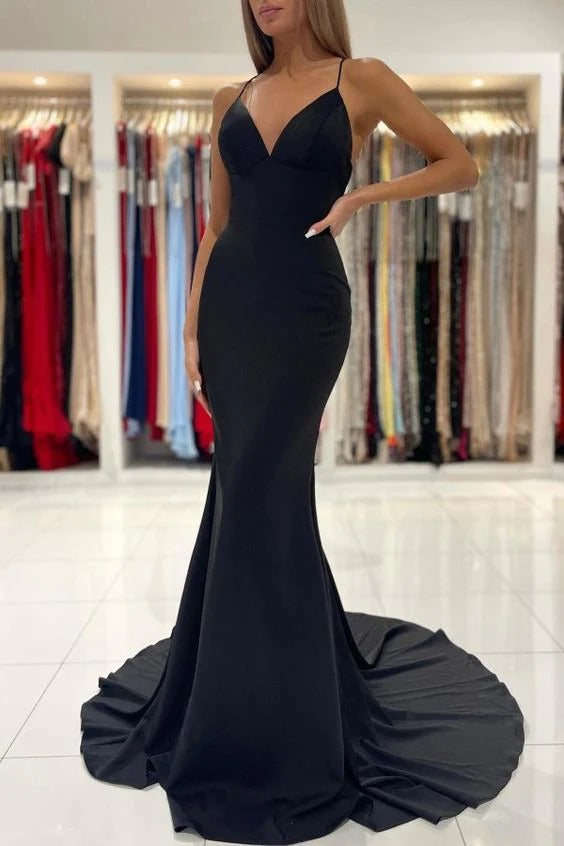 Black V-Neck Spaghetti-Straps Prom Dresses Mermaid Sleeveless