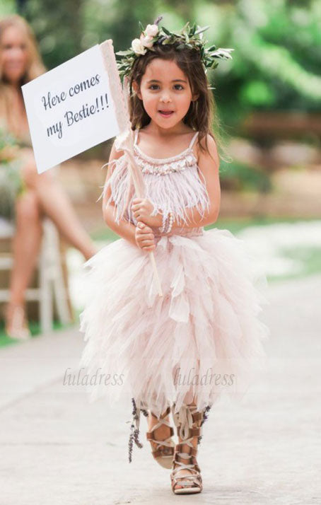 A-Line Spaghetti Straps Asymmetrical Tulle Flower Girl Dress with Feather