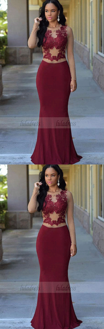 Modest Prom Dress Evening Dress Burgundy Mermaid Long With Appliques luladress