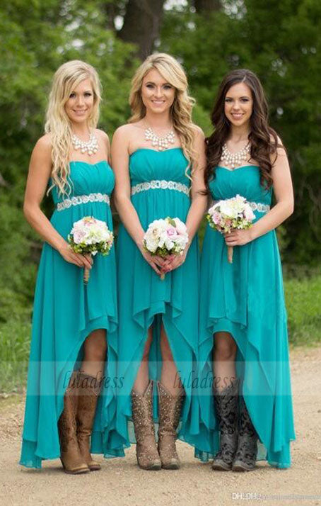 Turquoise Beach Bridesmaid Dresses ,High Low Modest Chiffon Long Wedding Guest Gowns