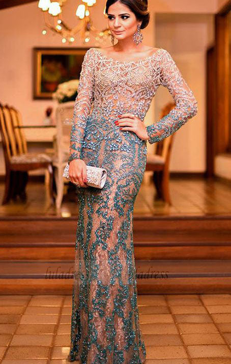 Mermaid Long Sleeves Evening Dress, Prom Dress with Appliques Beading