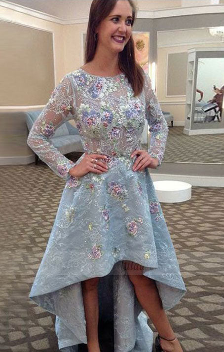 A-Line Round Neck Long Sleeves High Low Prom Dress with Appliques