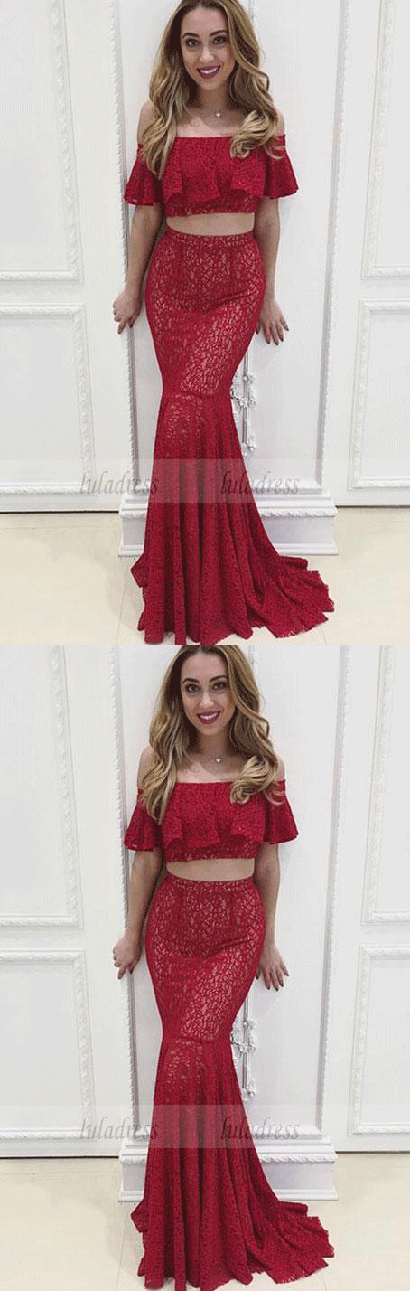 Two Piece Off-the-Shoulder Floor-Length Red Lace Prom Dress with Ruffles