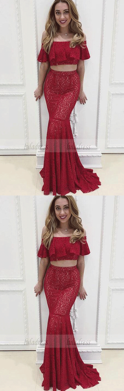 Two Piece Off-the-Shoulder Floor-Length Red Lace Prom Dress with Ruffles