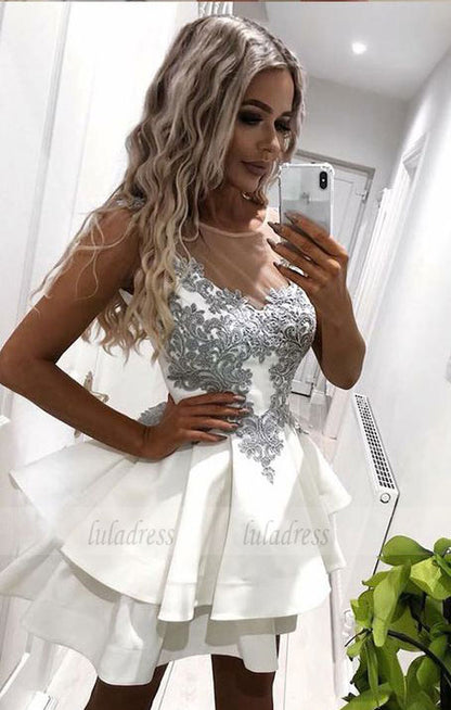 A-Line Round Neck Short White Tiered Homecoming Dress with Appliques