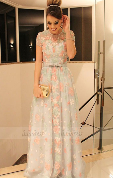 A-Line Jewel Cap Sleeves Sweep Train Mint Lace Prom Dress with Belt