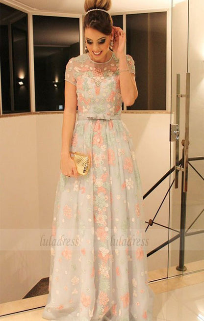 A-Line Jewel Cap Sleeves Sweep Train Mint Lace Prom Dress with Belt