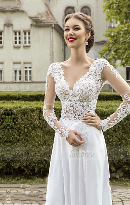 Lace Tulle A-line Wedding Dresses Crystals Lace Applique V Neck Count Train Elegant Bridal Gowns,BD99860