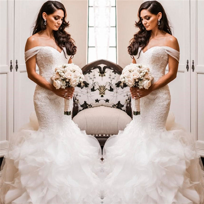 Off The Shoulder Puffy Ruffles Wedding Dresses | Sheath Tulle Sexy Lace Bridal Gowns,WD21004