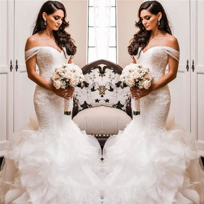 Off The Shoulder Puffy Ruffles Wedding Dresses | Sheath Tulle Sexy Lace Bridal Gowns,WD21004