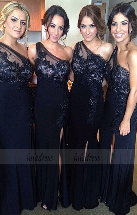 One Shoulder Bridesmaid Gown,Pretty Prom Dresses,Lace Prom Gown