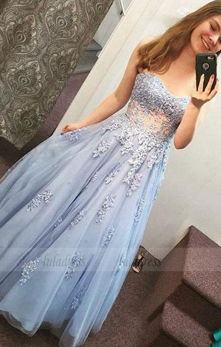 lace tulle long prom dress, sweetheart evening dress