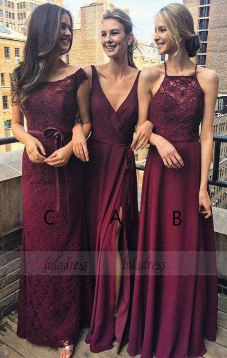 Custom Made Burgundy Chiffon Floor Length Mismatched Bridesmaid Dress