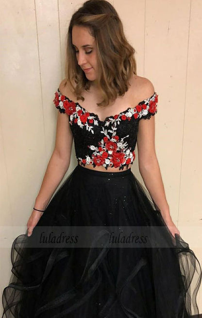 Two Piece Off the Shoulder Black Long Prom Dress