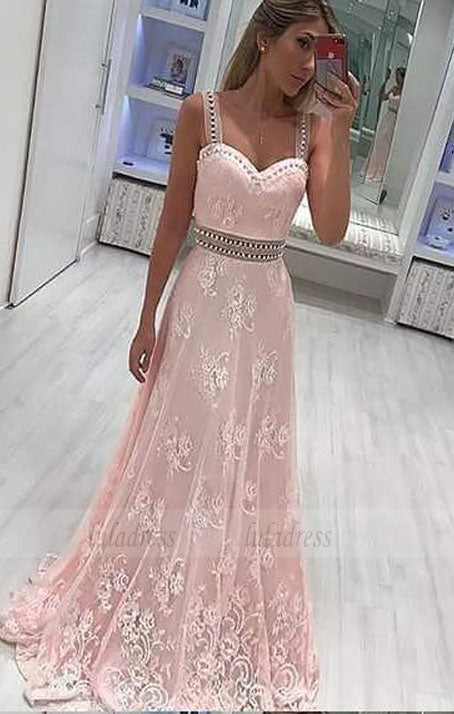 A-Line Scoop Sweep Train Pink Lace Prom Dress with Beading Appliques